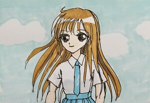 手描きイラスト ＃35 制服 女の子 ロングヘア ミニスカ