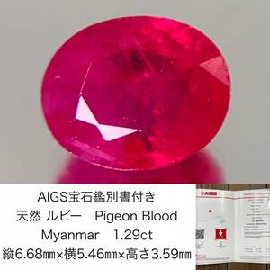 ルビー　1.29ct　Pigeon Blood　Myanmar　AIGS宝石鑑別書付き　縦6.68×横5.46×高さ3.59　 ルース（ 裸石 ）　 1345Y