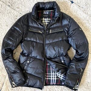 レア！美品◆2way◎BURBERRY BLACK LABEL バーバリーブラックレーベル ライダース ダウン ダウンジャケット フード チェック ホースロゴ 黒