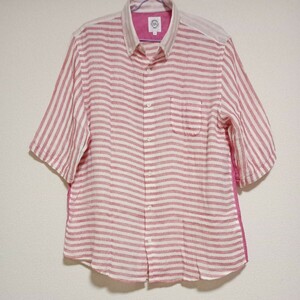BEATITUDE　　　ボーダーデザインコットンガーゼ地５分袖ボタンダウンシャツ　　Ｌ　　白×赤×桃