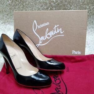 １円〜　Christian Louboutin クリスチャンルブタン ハイヒール 34.5 ブラック 黒 ビジネス ロゴ型押し 22.5cm パンプス　箱　保存袋