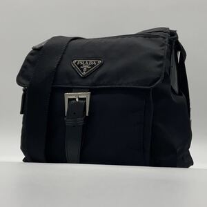 1円 【極美品】 PRADA プラダ ショルダーバッグ テスートナイロン レザー ブラック 黒 斜め掛け クロスボディ 三角ロゴプレート ナイロン