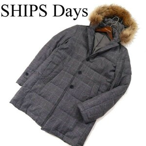 SHIPS Days シップス 秋冬 リアルファー★ カシミヤ混 ウインドウペン チェック ウール ダウン コート Sz.S　メンズ グレー　G3T00003_1#N