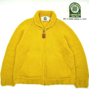 希少マスタードイエロー無地◆CANADIAN SWEATER◆XL位カナダ製カウチンセーター最高級ウール黄色ジップアップカーディガンカナタ好きも896M