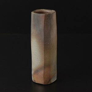 ◎497402 【SALE♪】 備前焼 伊勢崎満 面取 窯変 花瓶 花器 花生