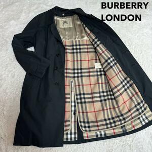 美品 近年モデル BURBERRYLONDON バーバリーロンドン メガチェック ノバチェック ウールライナー 英国製 ステンカラーコート ブラック XL