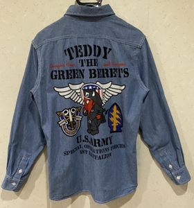 ＊エフ商会 テッドマン TEDMAN U.S.ARMY プリント シャンブレー シャツ ワークシャツ S　　　　　　　　BJBA.AB