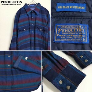 ★稀少美品!!★USA製★正規品★[PENDLETON ペンドルトン]マルチボーダー ウール ウエスタンシャツ[メンズ L]青系 サーフ ネイティブ K-425