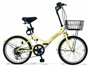 【美品アウトレット品】前カゴ＆ワイヤー錠付属　20インチ折り畳み自転車SHIMANO外装6段変速　アイボリー【SK41263】