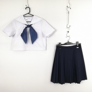 1円 セーラー服 スカート スカーフ 上下3点セット 155A 夏物 白3本線 女子 学生服 筑紫女学園 白 制服 中古 ランクC NA1831