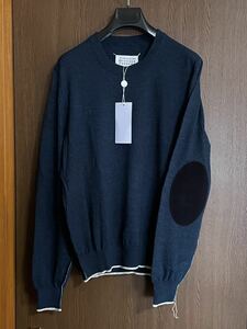 L新品 メゾンマルジェラ エルボーパッチ ニット クルーネック セーター 21SS sizeL 48 Maison Margiela 10 メンズ ダークグリーン ブラック