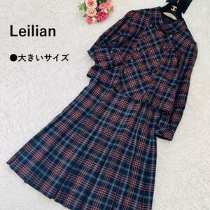 美品 Lサイズ レリアン【セットアップ タータンチェック 大きいサイズ 11】Leilian ワンピース トップス ロングスカート フレア ウール100%