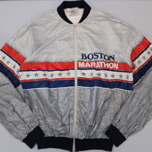 80s USA製 Tyjax BOSTON MARATHON ペーパージャケット L シルバー 総柄 ボストン マラソン フルジップ パーカー 90s ヴィンテージ