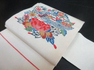 1円 良品 正絹 名古屋帯 和装 和服 型染 紅型 花唐草 草花 お太鼓柄 九寸帯 長さ381cm【夢職】★★★