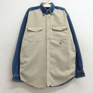 古着 トミーヒルフィガー 長袖 ブランド シャツ キッズ ボーイズ 子供服 90s ワンポイントロゴ ツートンカラー コットン ボタンダウン 紺