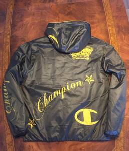 Champion チャンピオン・中綿ナイロン系パーカー/フーディー・ジップアップ・ゴールド×ブラック・M程度・送料750円～