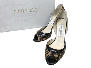 (D) jimmy choo ジミーチュウ ゼブラ エナメル レザー ヒール オープントゥ パンプス 34.5 (ma)