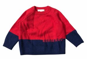 キッズサイズ ● BURBERRY CHILDREN バーバリーチルドレン ● ロゴ 編柄 カシミア ニット セーター レッド×ネイビー 2Y 92cm