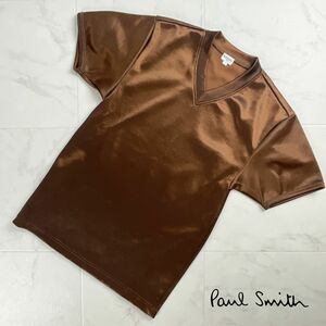 Paul Smith ポール・スミス 光沢 Vネック半袖カットソー トップス レディース 茶色 ブラウン サイズF*SC11