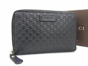 1円 ■美品■ GUCCI グッチ 449423 マイクログッチシマ レザー ラウンドファスナー 財布 ウォレット 札入れ 小銭入れ ブラック系 AY8043