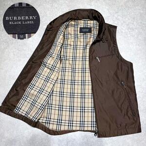 希少●極美品●BURBERRY BLACK LABEL バーバリーブラックレーベル ノバチェック ナイロンベスト ブラウン ホースロゴ フード収納 M メンズ