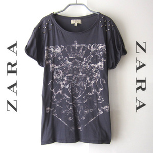 美品　ZARA／ザラ★　スタッズ付きプリントTシャツ　ネイビー