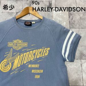 90s 希少 HARLEY-DAVIDSON ハーレーダビッドソン 半袖スウェット ビッグロゴ モーターサイクル 玉FL3310