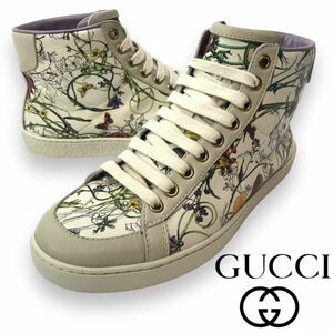 p80 良品 GUCCI グッチ フローラ レザー ハイカットスニーカー シューズ 花柄 36 イタリア製 338886 正規品 レディース