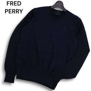 イタリア製★ FRED PERRY フレッドペリー 秋冬 ロゴ刺繍★ ウール100% Vネック ニット セーター Sz.38　メンズ ネイビー　C4T07783_9#K