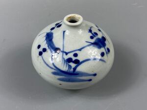 【福蔵】李朝 後期 油壷 染付 梅花図 骨董 古玩 古美術 時代物 高7.7cm