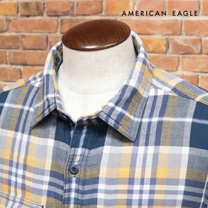 秋冬/AMERICAN EAGLE/Lサイズ/オーバーシルエット シャツ 2151-6067 起毛ネル チェック柄 胸ポケット 長袖 新品/紺×黄色/jb117/