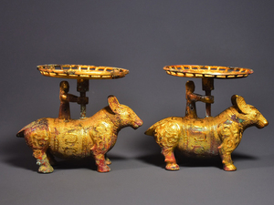  ▽鴻▽漢・古銅塗金彫・獣蝋盞一対 時代物 中国古美術 骨董品
