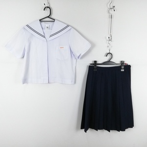 1円 セーラー服 スカート 上下2点セット 大きいサイズ 夏物 青2本線 女子 学生服 宮崎高鍋西中学 白 制服 中古 ランクC EY3695