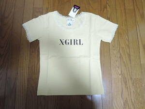 新品 X-girl エックスガール レース Tシャツ M イエロー LACE S/S BABY TEE LOGO ロゴ カットソー