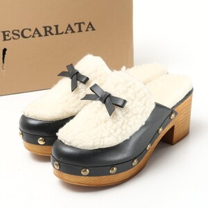 MH1790*《未使用/定価 19,800円》ESCARLATA エスカラータ 2022AW レザー×ボア リボン サボ サンダル ウッドヒール 37(23.5cm相当) 黒