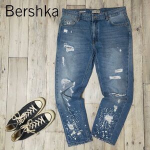 ☆Bershka ベルシュカ☆クラッシュ ダメージ ブリーチ 加工 デニム SLIM BOY FRIEND パンツ W32 S834