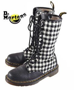 Dr.martens ドクターマーチン サイドジップ 14ホールブーツ ブラックレザー×ウール系チェック柄 UK5 24.0cm(12692