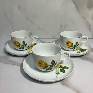 A2411-3067 Noritake Contemperary カップ&ソーサー 3客 イエロー ローズ フラワー 中古 金彩 剥がれあり 80サイズ発送予定