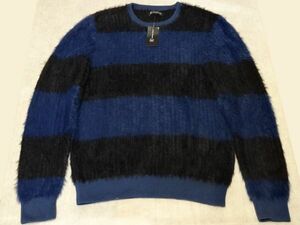 INC International Concepts / Fuzzy Horizontal Striped Crewneck Sweater / Navy Blue Mサイズ 新品 / PUNK モヘア