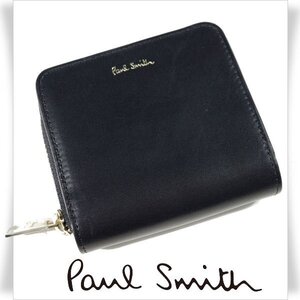 新品1円～★ポールスミス Paul Smith 牛革 本革レザー ラウンドファスナー二つ折り財布 ミニウォレット ベジタン 紺 ネイビー ◆4943◆