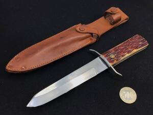 【リフレッシュ・再生・研磨済み】昭和レトロ ハンター シェルパ ナイフ、HUNTER SHERPA KNIFE、フルタング ボーン ハンドル、本革シース付