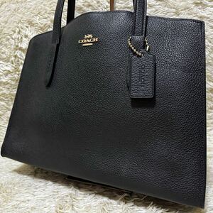 1円 コーチ COACH トートバッグ チャーリー キャリーオール 肩掛け A4 2室 シボ レザー 本革 ブラック 黒 ビジネス メンズ ブリーフケース