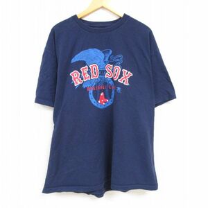 XL/古着 半袖 Tシャツ メンズ MLB ボストンレッドソックス 大きいサイズ コットン クルーネック 紺 ネイビー メジャーリーグ ベースボ