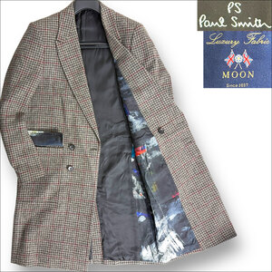 J3030 美品 ポールスミス MOON生地ハウンドトゥース ツイード ダブルブレストチェスターコート グレー系 XL Paul Smith