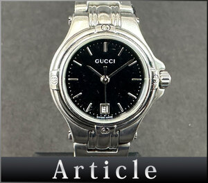 195203□動作確認済 GUCCI グッチ 腕時計 クォーツ 3針 デイト ラウンド 9040L SS ブラック シルバー レディース アナログ/ D