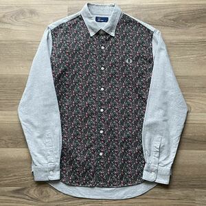 【1円スタート】 FRED PERRY フレッドペリー 刺繍ロゴ 花柄 切替 長袖 ボタンダウンシャツ 灰 グレー Lサイズ 古着