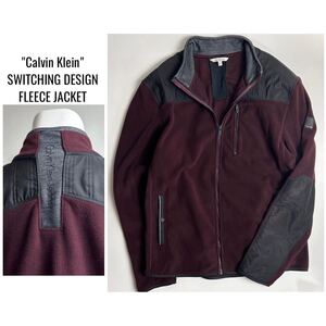 美品 Calvin Klein Jeans カルバンクラインジーンズ 切り替えデザインフリースジャケット バックロゴ ボルドー×ブラック Lサイズ