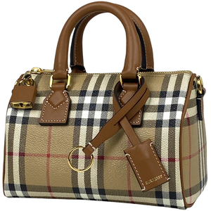 バーバリー BURBERRY ミニ ボーリングバッグ チェック柄 2WAY ショルダーバッグ ハンドバッグ コーティングキャンバス ベージュ【中古】