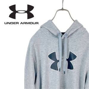 09M365◯ UNDER ARMOUR アンダーアーマー グレー プルオーバー パーカー スウェット フーディー ビッグロゴ 春秋 Lサイズ