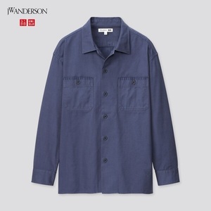 青L UNIQLO and JW ANDERSON ツイルオーバーサイズワークシャツ（長袖） ブルー Lサイズ オープンカラー 2021SS ユニクロ×JWアンダーソン